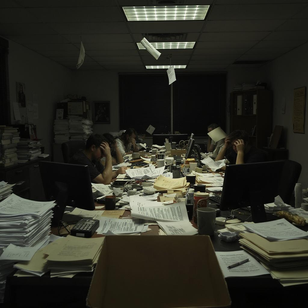Chaotic financial office before